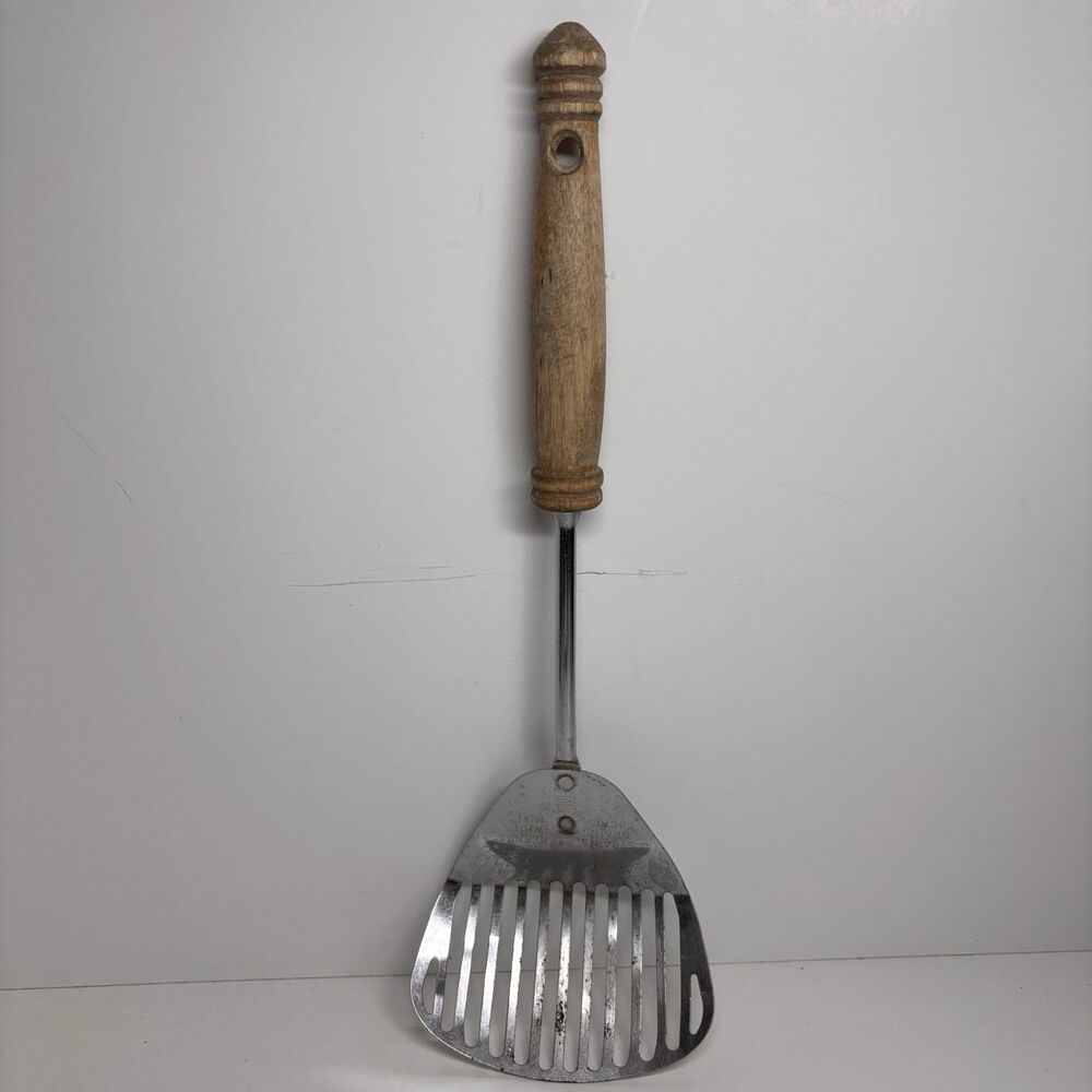 Vintage EKCO Flint Kitchenamajig Slotted Spatula Stainer Whisk Wood Handle USA